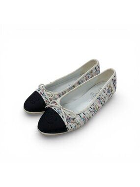 Chanel Flat Shoes Tweed White Black Multicolor CC Logo Ribbon